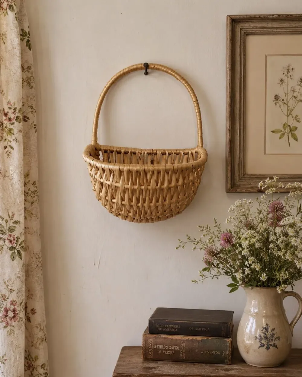 Vintage Woven Hanging Wall Basket Plant Pocket Cottagecore Country Farmhouse